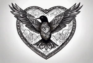 heart locket with black bird flying away with key tattoo idea