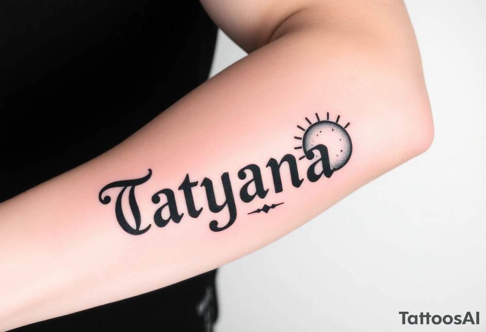 Tatayana name tattoo for a father using old English lettering and sun and moon that starts reading from the wrist to the elbow tattoo idea