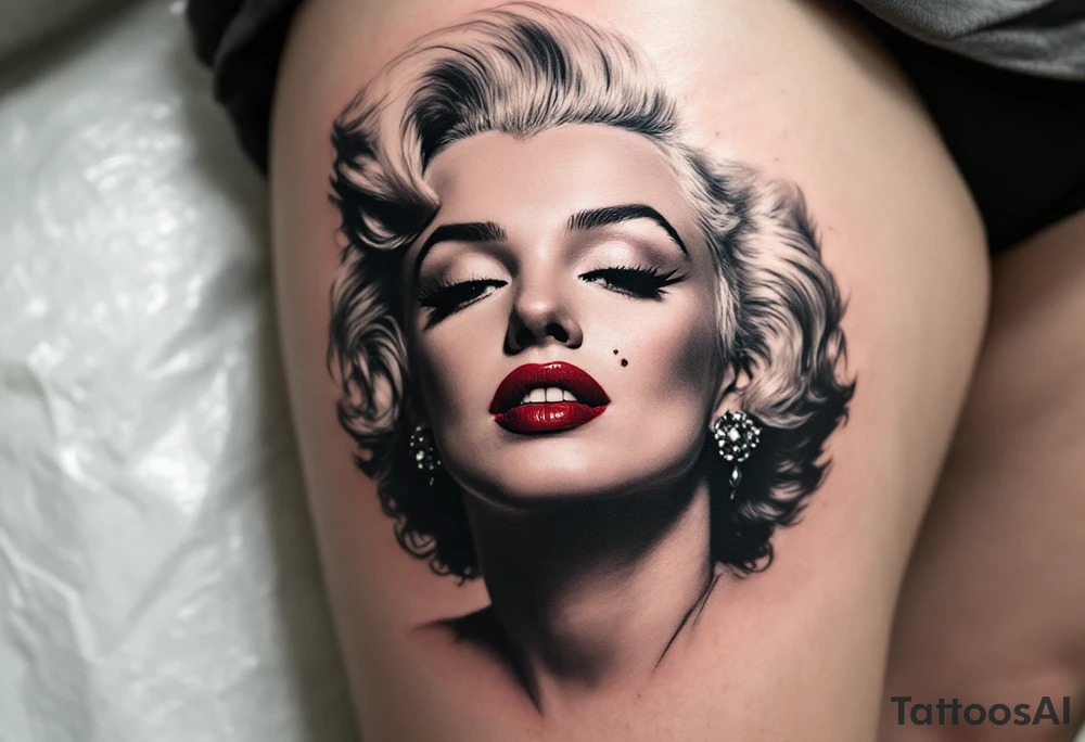Classic black and grey Marilyn Monroe portrait with only the beauty mark and lips in wine red. tattoo idea