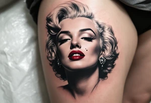 Classic black and grey Marilyn Monroe portrait with only the beauty mark and lips in wine red. tattoo idea