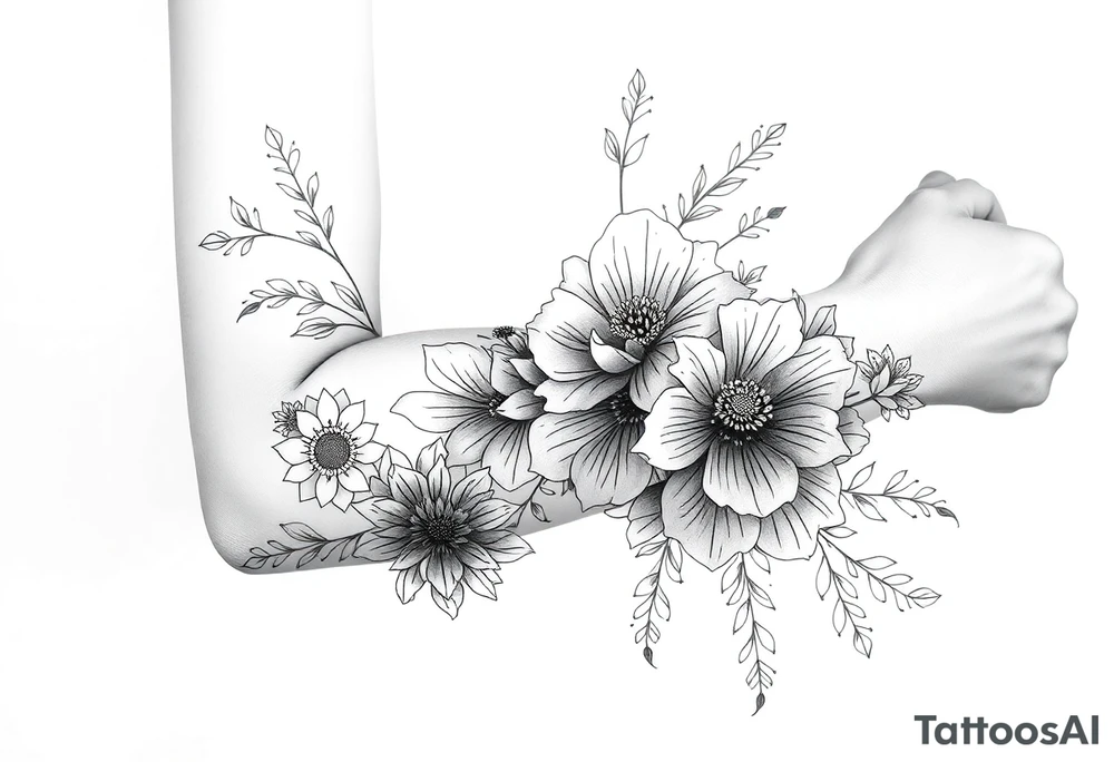 floral composition with japanese vibe, mutiple ornemental patern and leaf, dot geometric ornement, lycoris tattoo idea