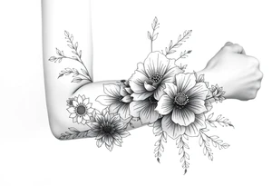 floral composition with japanese vibe, mutiple ornemental patern and leaf, dot geometric ornement, lycoris tattoo idea