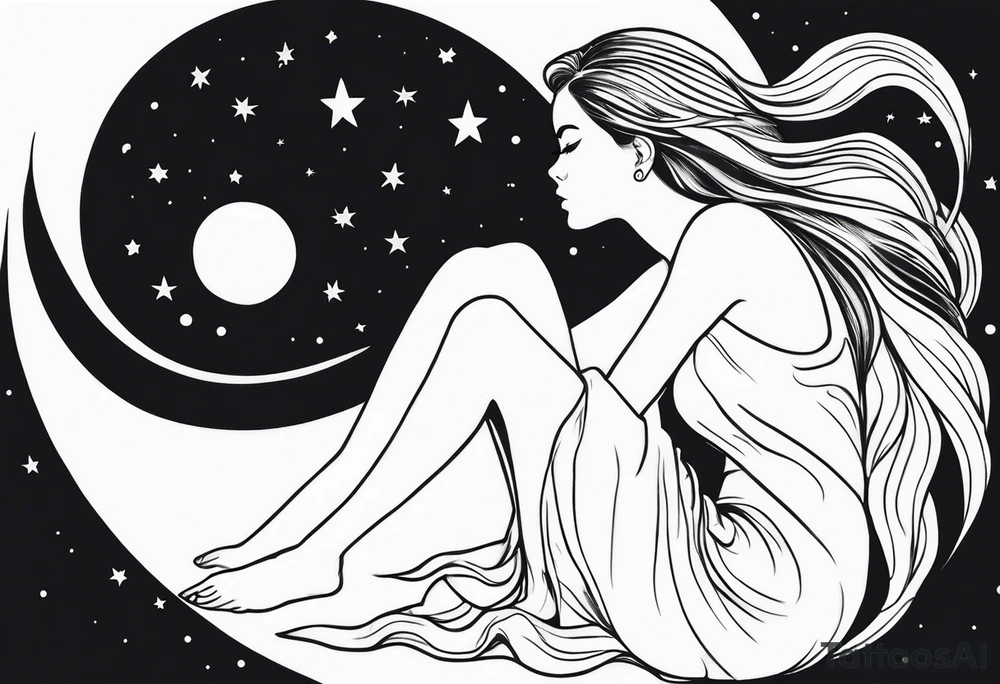 Woman sitting on a moon with opem hair over one shoulder wearing a dress with an open back seen from behind looking up at the stars. tattoo idea