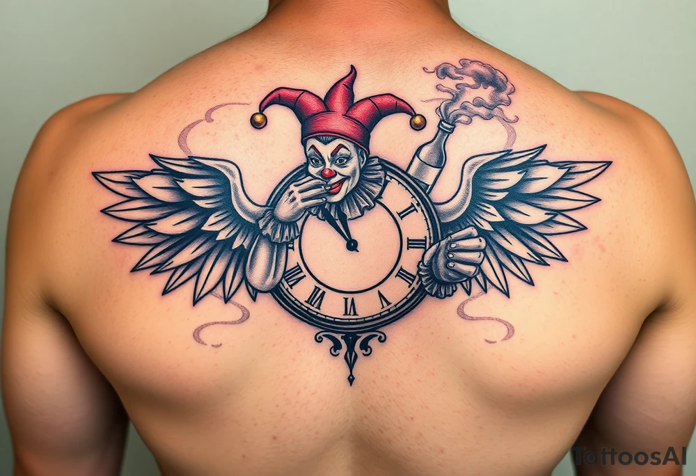 a jester clown floating in smoke with a  clock, the time says 420,  with two open wings besides the clock, smoke as the spring rising from the clock, a jester clown coming out the smoke, smoking in one hand with a liquor bottle on the other hand tattoo idea