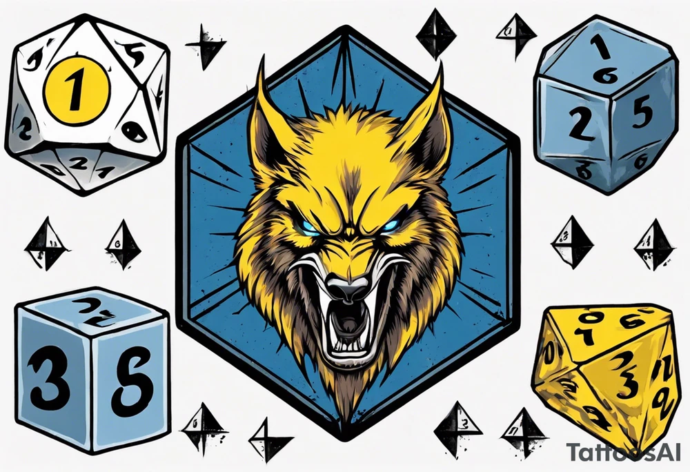 A large 20 sided Dice in the center and the front with numbers on the dice and wolverine claw marks framing the area underneath the dice and a werewolf howling at the moon in the background, and blue and yellow faded background color tattoo idea