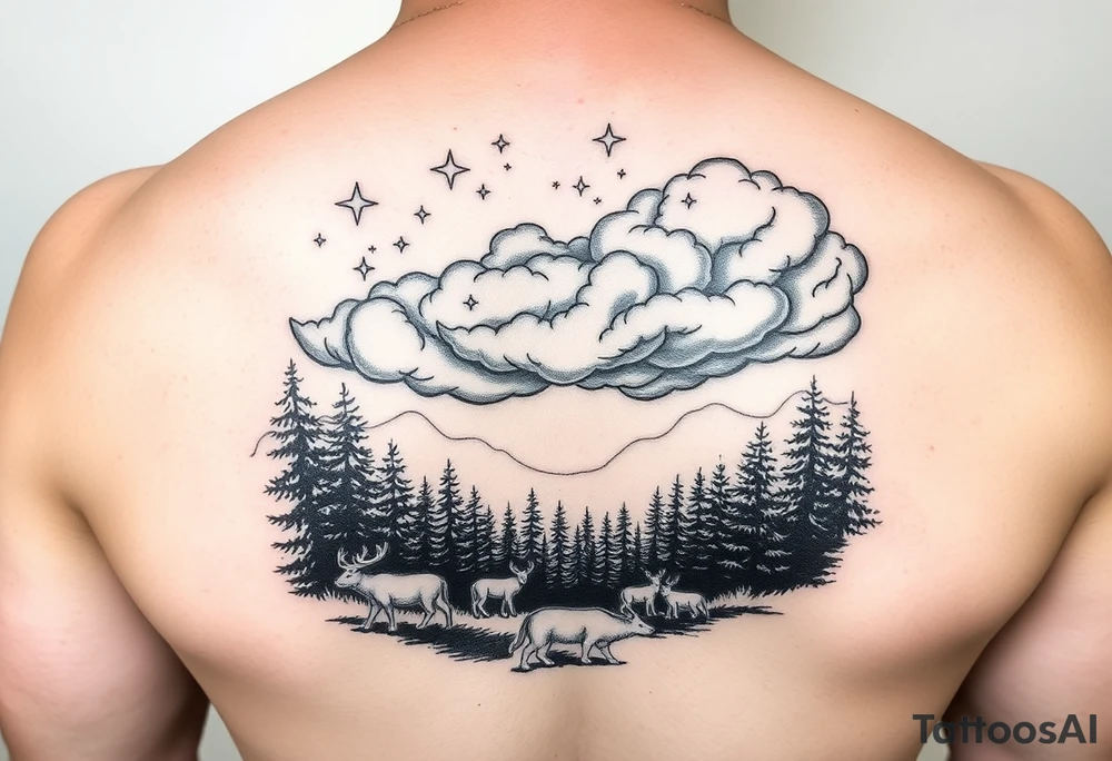 stars in the cloud with a stormy view with a forrest with animals tattoo idea