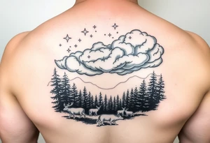 stars in the cloud with a stormy view with a forrest with animals tattoo idea