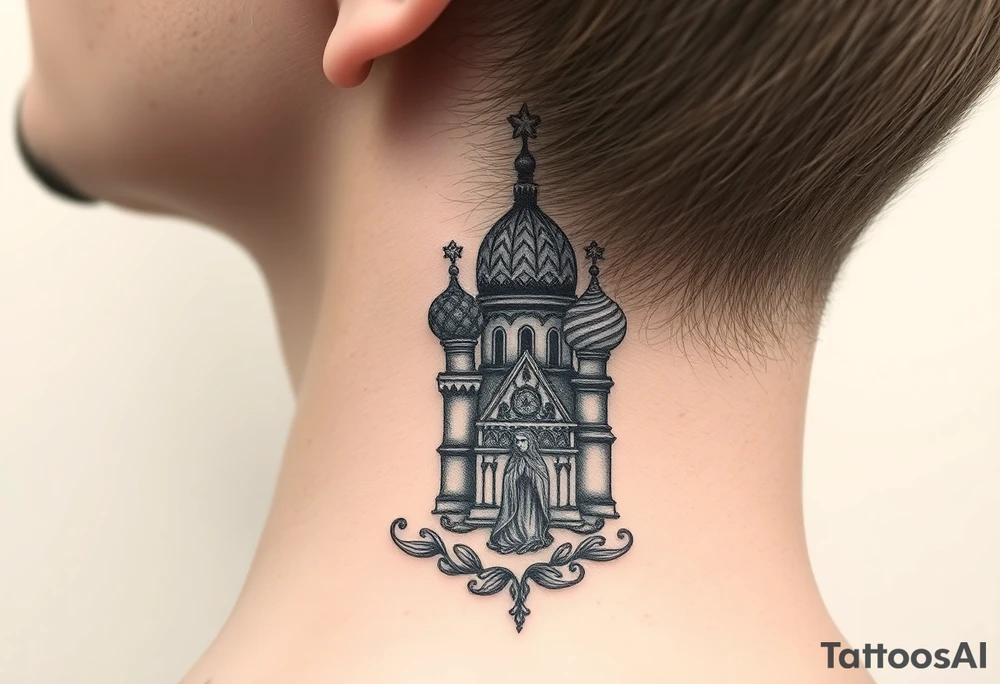 Flowing Scene

A single onion dome rising up toward the ear
Virgin Mary in prayer pose wrapping around the lower neck curve
A small eagle or just the star tucked above the dome near the hairline tattoo idea