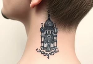 Flowing Scene

A single onion dome rising up toward the ear
Virgin Mary in prayer pose wrapping around the lower neck curve
A small eagle or just the star tucked above the dome near the hairline tattoo idea
