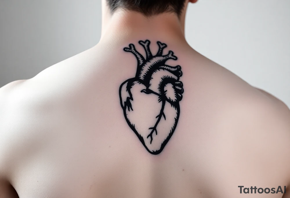 woodcut realistic heart etching tattoo on back of tricep tattoo idea
