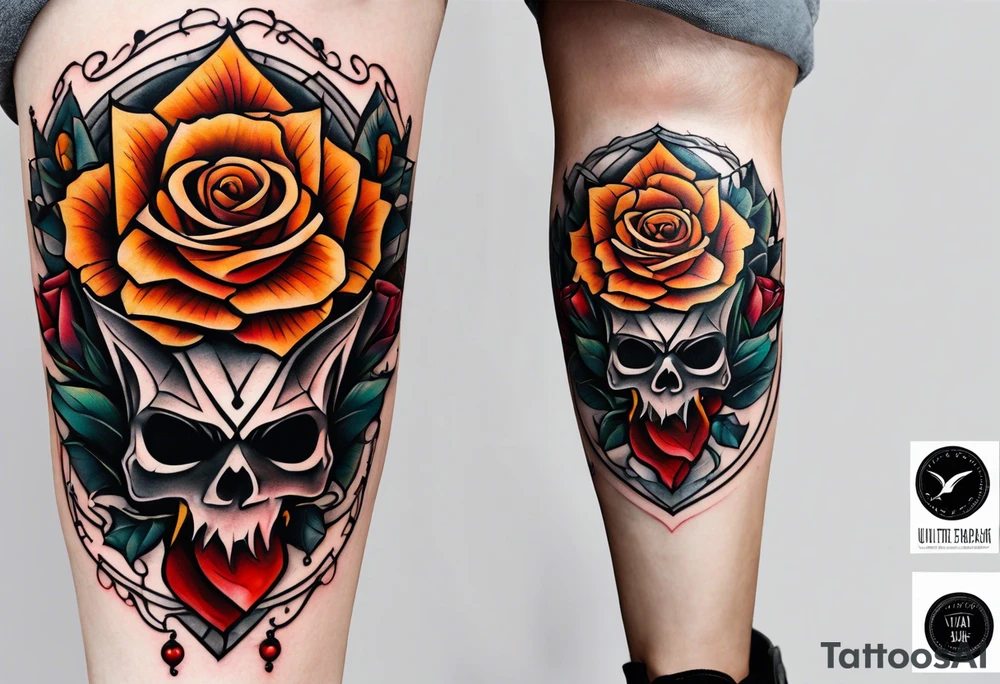 traditional Knee tattoo in fall colors with a Bat face and rose tattoo idea