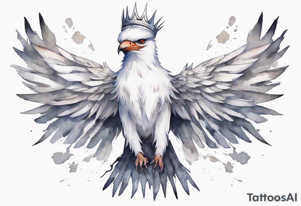 a solitary white thunderbird wearing a grey crown tattoo idea
