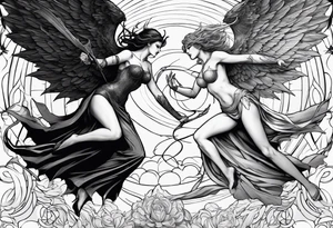 angel woman and devil woman fighting, arguing on the sky , big wings and full body, angel at the right side and have normal wing but devil woman at the left side and with bat wing tattoo idea