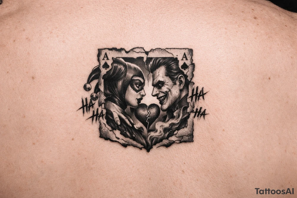 A black-and-grey rib tattoo with Harley and Joker facing each other, almost touching, inside a torn playing card. Harley’s jester hood flows upward while Joker’s grin fades into smoke below. A cracked heart sits between them, with “Ha Ha Ha” weaving around both portraits. tattoo idea