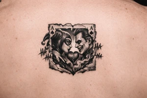 A black-and-grey rib tattoo with Harley and Joker facing each other, almost touching, inside a torn playing card. Harley’s jester hood flows upward while Joker’s grin fades into smoke below. A cracked heart sits between them, with “Ha Ha Ha” weaving around both portraits. tattoo idea