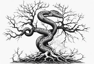 bare tree with a snake in the roots of the tree tattoo idea