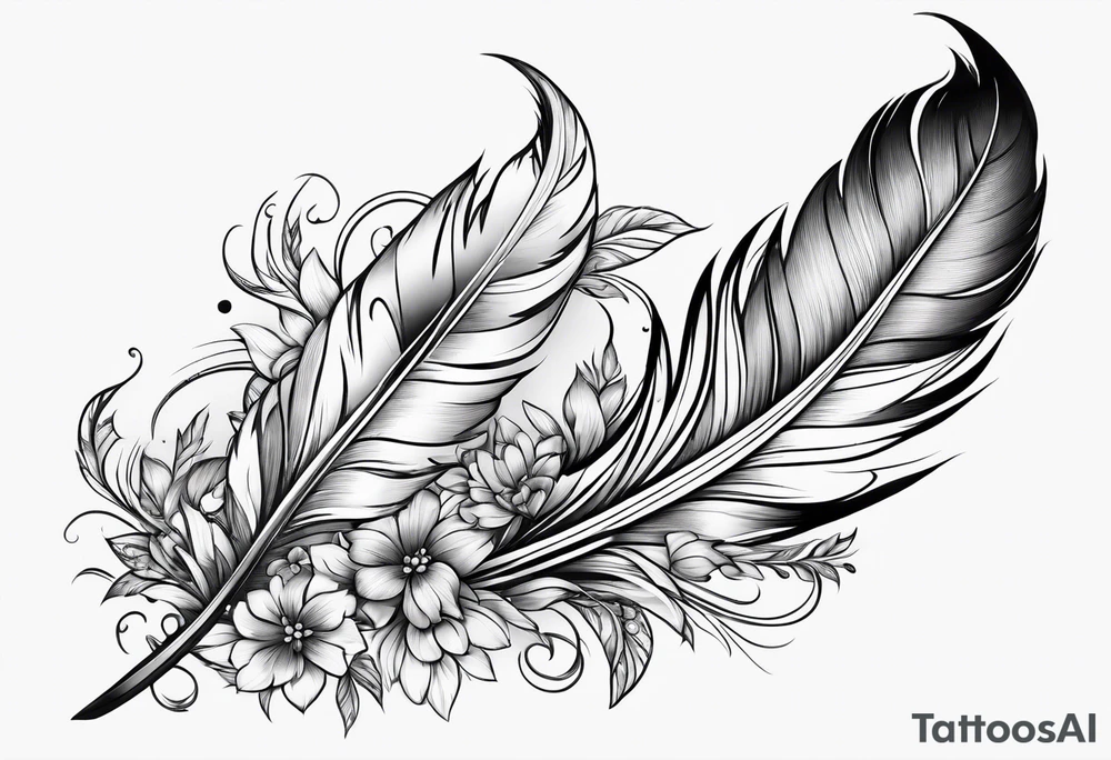 Feather with flowers going up wards tattoo idea
