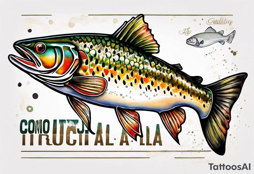 A shaded trout with text that says, 'Como la trucha...' tattoo idea