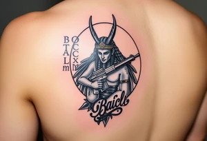 "Anubis in a ufo, holding a tommy gun. . Hieroglyph background spells 'BaC TO THE MOON'.  

Style: Art Deco meets cyber-Egyptian. Black/red/gold ink. Forearm sleeve." tattoo idea