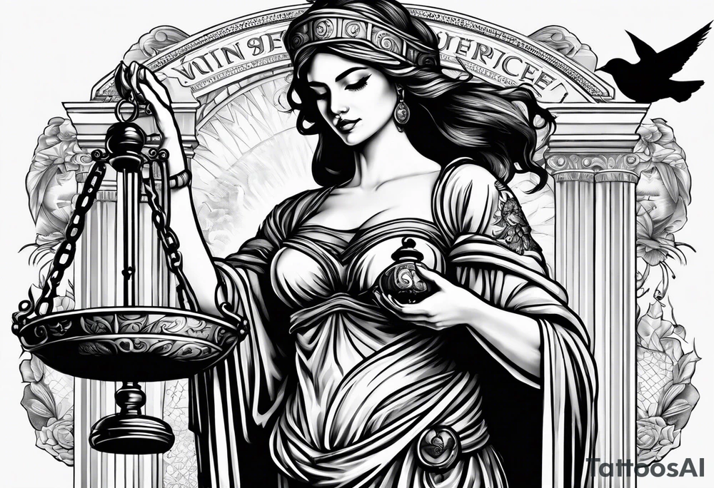 A blindfolded woman holding scales, themed around justice and equality, with money on one side of the scale and a bird on the other. tattoo idea