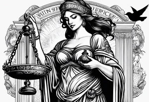 A blindfolded woman holding scales, themed around justice and equality, with money on one side of the scale and a bird on the other. tattoo idea