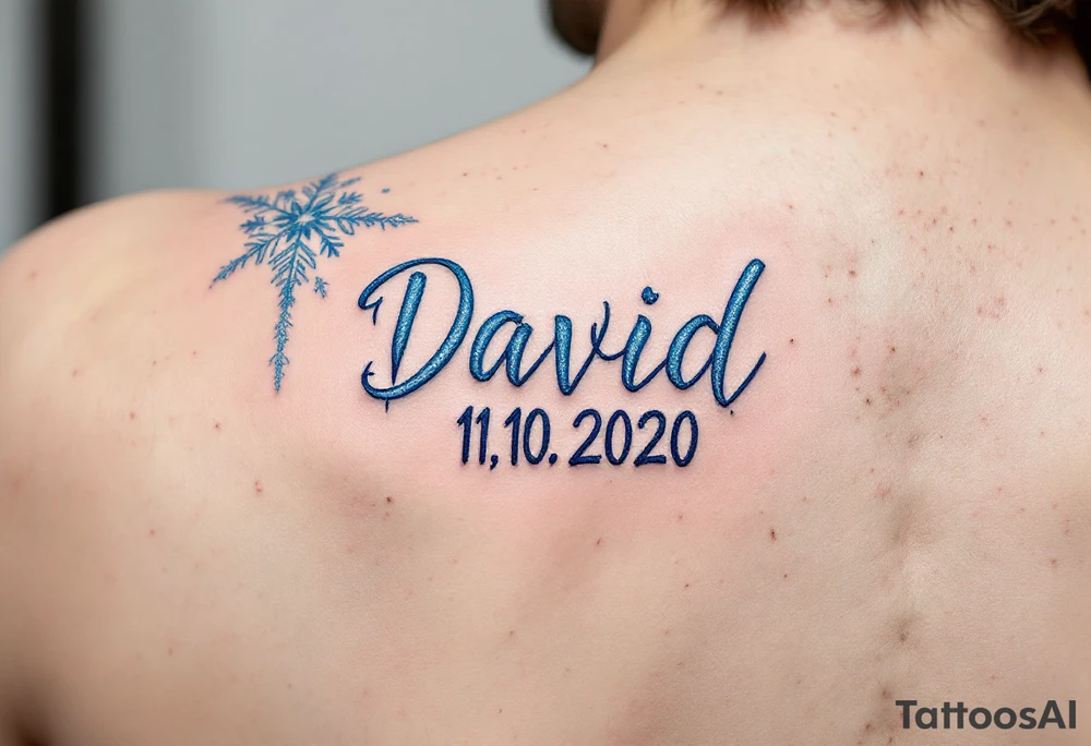 David 11. 10. 2020 – Icicle-like designs of light blue and white, framing David's birthdate, with a snowflake pattern and soft frost detailing. tattoo idea
