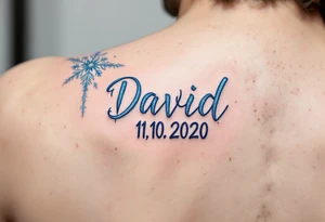 David 11. 10. 2020 – Icicle-like designs of light blue and white, framing David's birthdate, with a snowflake pattern and soft frost detailing. tattoo idea