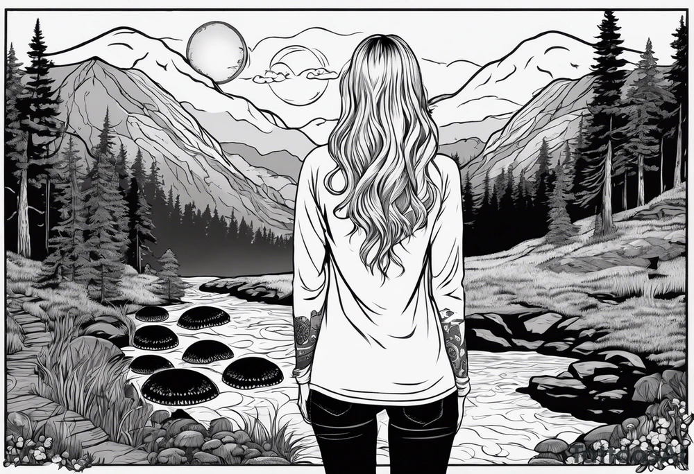 Whole picture encircled fully

Straight long blonde hair hippie girl in distance holding mushrooms in hand facing away toward mountains and creek surrounded by mushrooms long sleeve shirt and hiking pants; whole rendering within a full circle, no cut off circle tattoo idea