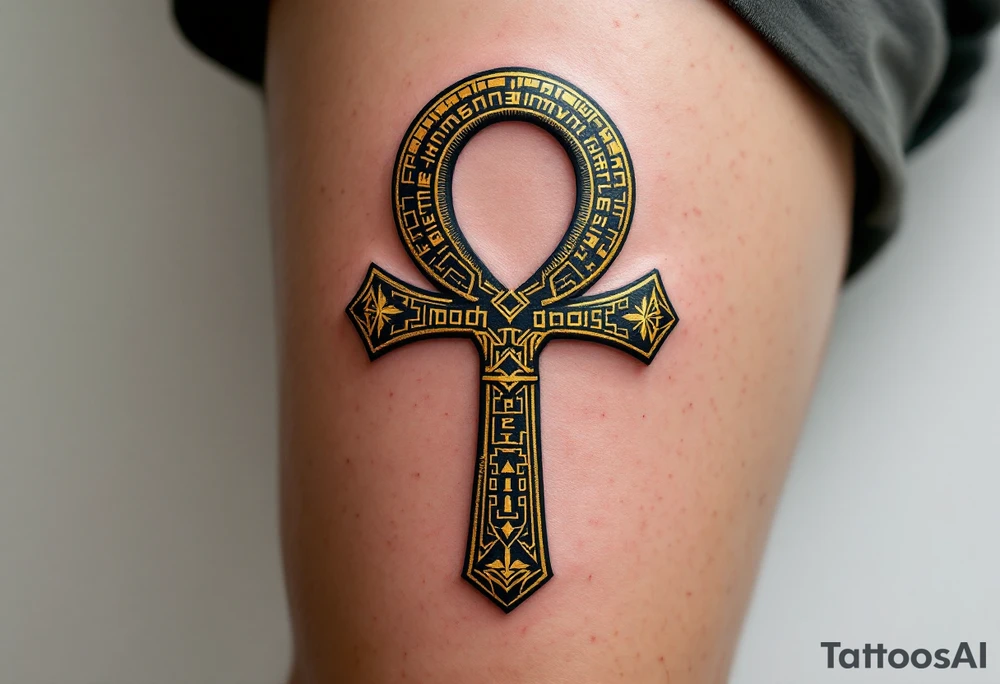 A golden Ankh with intricate hieroglyphs engraved tattoo idea