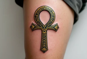 A golden Ankh with intricate hieroglyphs engraved tattoo idea