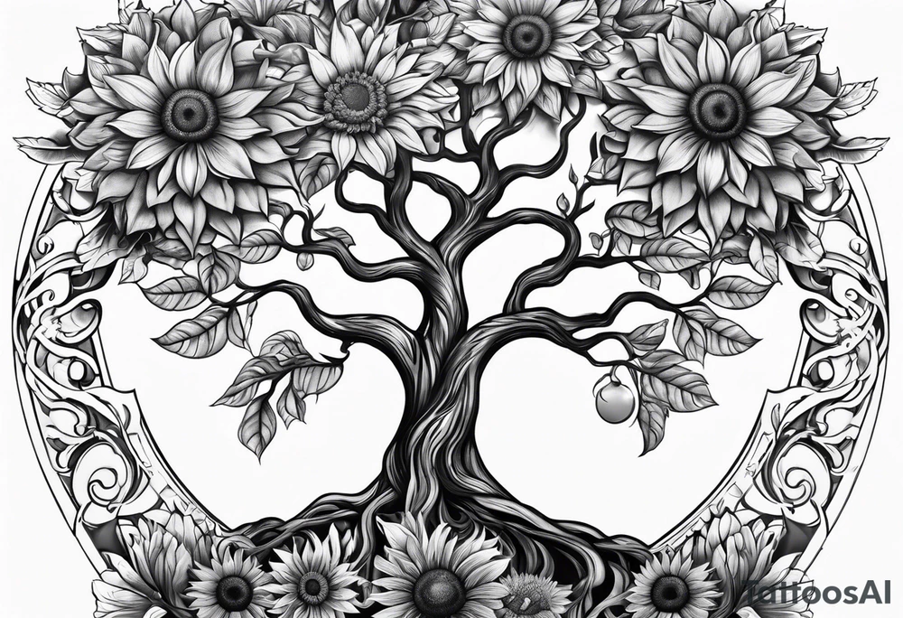 Feminine Yggdrasil tree with two sunflowers tattoo idea