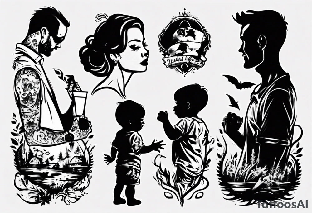 Dad and two kids silhouette tattoo idea