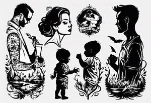 Dad and two kids silhouette tattoo idea