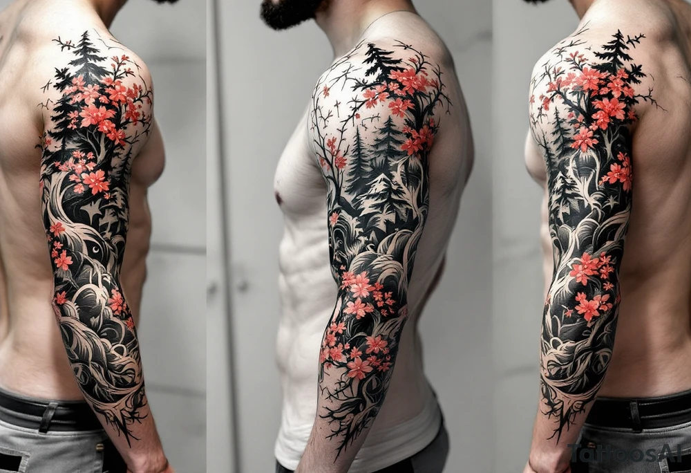 evergreen forest with sakura trees tattoo idea