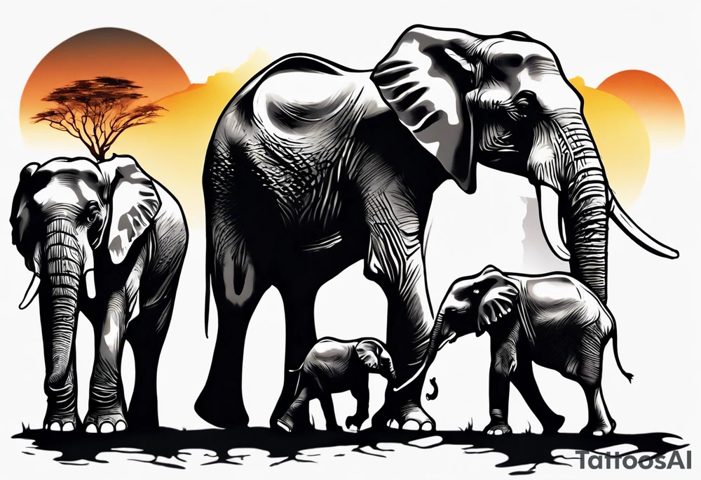 family of 6 elephants walking into sunset after one of them has died tattoo idea