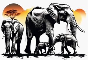 family of 6 elephants walking into sunset after one of them has died tattoo idea