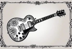 diseño de tatuaje donde lo principal sea un cono de luz diagrama de tiempo espacio, con una guitarra electrica pequeña les paul, mapa de venezuela, flor de loto, 2 gotas de sangre tattoo idea