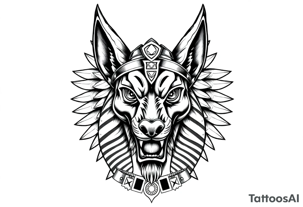 Egyptian Anubis god powerful face muscle in Egypt style with mantle on head dog face surrounded Egyptian symbols tattoo idea