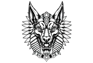 Egyptian Anubis god powerful face muscle in Egypt style with mantle on head dog face surrounded Egyptian symbols tattoo idea