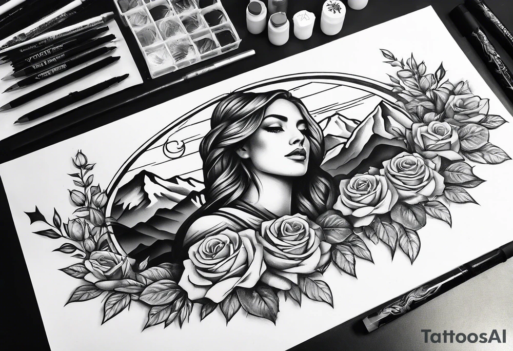 make a forearm sleeve that portraits a cross and mountains with roses tattoo idea
