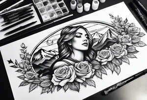 make a forearm sleeve that portraits a cross and mountains with roses tattoo idea