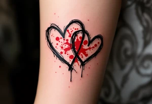 Black ink sketch-style hearts outlined with red splatter to symbolize imperfect but real love. tattoo idea