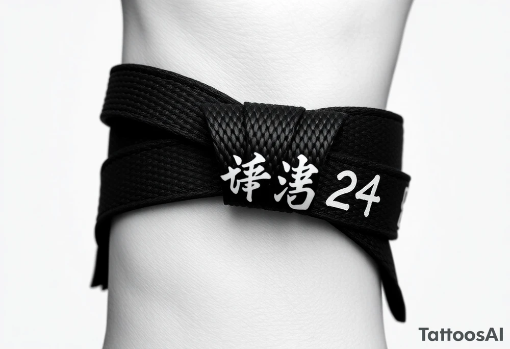 A realistic black and gray tattoo of a Brazilian Jiu-Jitsu black belt wrapping around the wrist like a bracelet. The belt is tied in a knot with one end showing the number 30 and the other showing 24. On the flat end of the belt, two Japanese kanji characters are inked in white: 成長 (growth) and 忍耐 (perseverance). The belt has subtle stitch marks and worn, textured shading for a slightly distressed, authentic look. tattoo idea