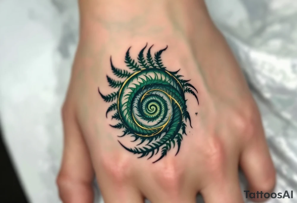 A deep green spiral with golden accents, inspired by the natural pattern of ferns and renewal. tattoo idea