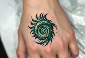 A deep green spiral with golden accents, inspired by the natural pattern of ferns and renewal. tattoo idea