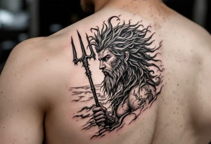 young poseidon, with trident, looking at the horizon tattoo idea