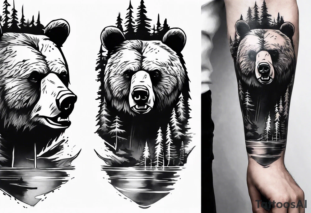 bear head right above the forest line with a lake below, full arm sleeve tattoo tattoo idea