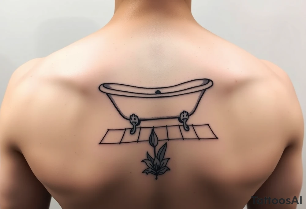 Clawfoot bathtub on tile floor with lily growing out of floor tattoo idea