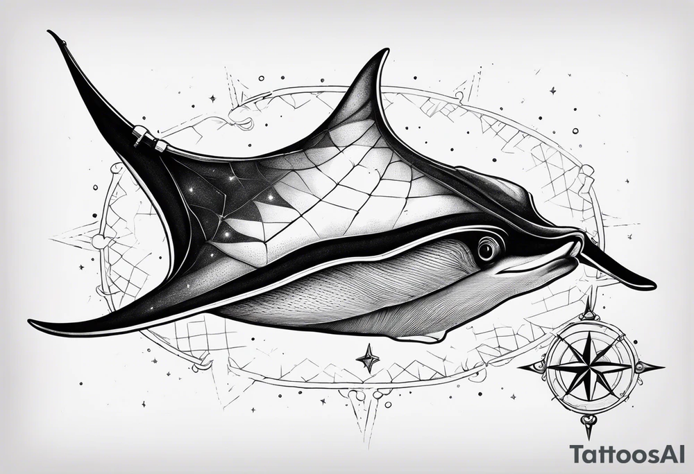 Simple manta ray with a nautical star inside and an octagon around tattoo idea