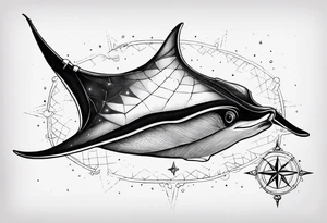 Simple manta ray with a nautical star inside and an octagon around tattoo idea